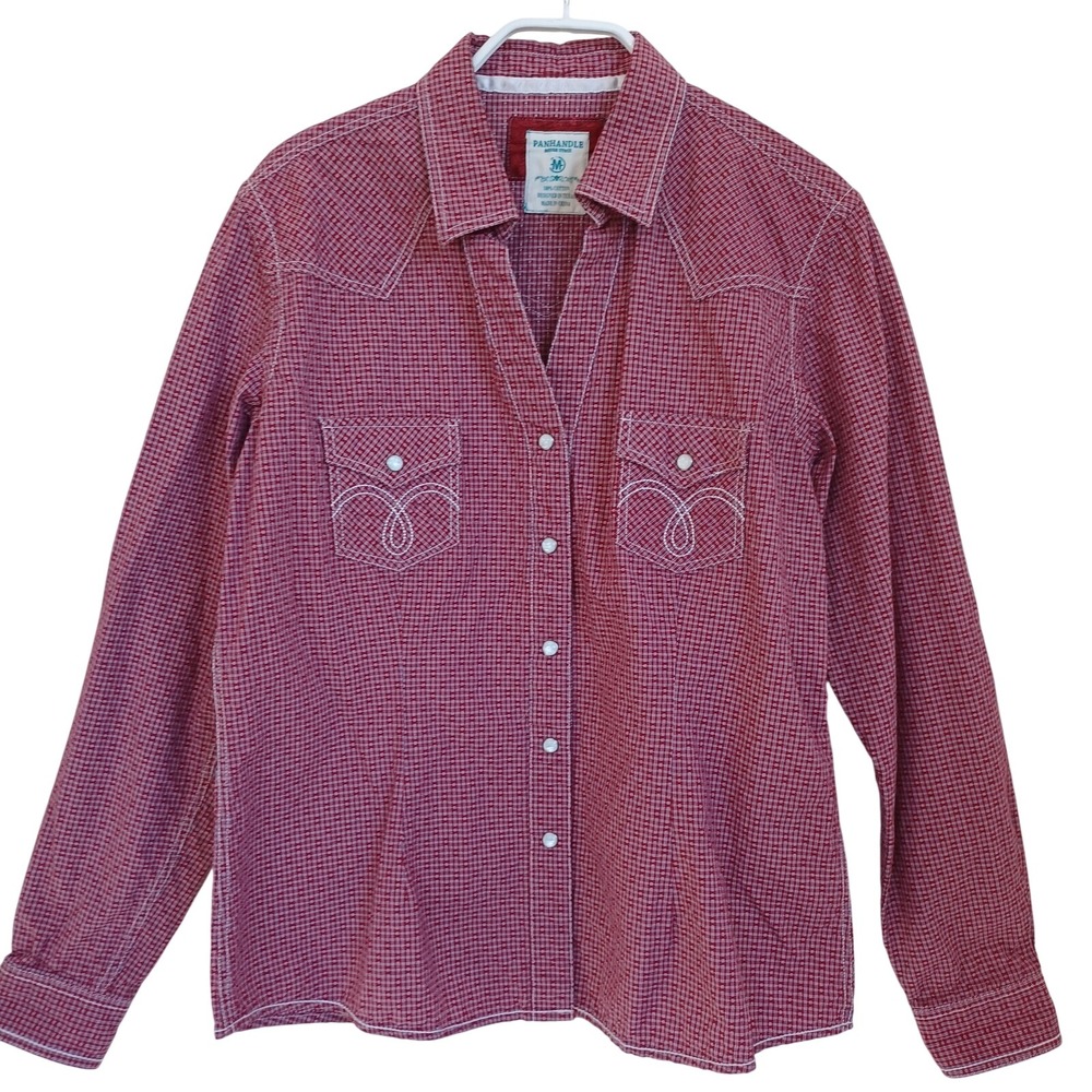 Panhandle Rough Stock Womens Red Micro Check Western Pearl Snap Shirt Medium